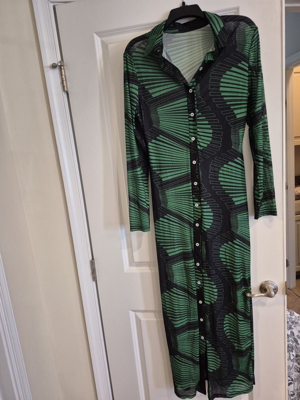 Green and Black Long Bodycon Button-Front Shirt Dress